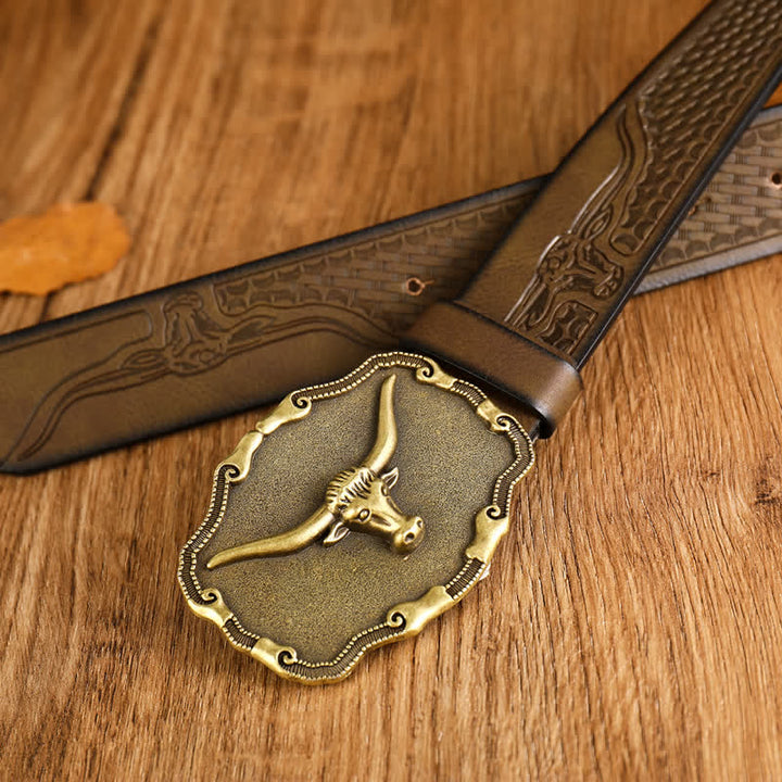 Ceinture en cuir de taureau à longues cornes antiques pour homme