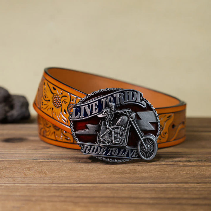Ceinture en cuir à boucle pour homme avec tête de mort et motard Live to Ride