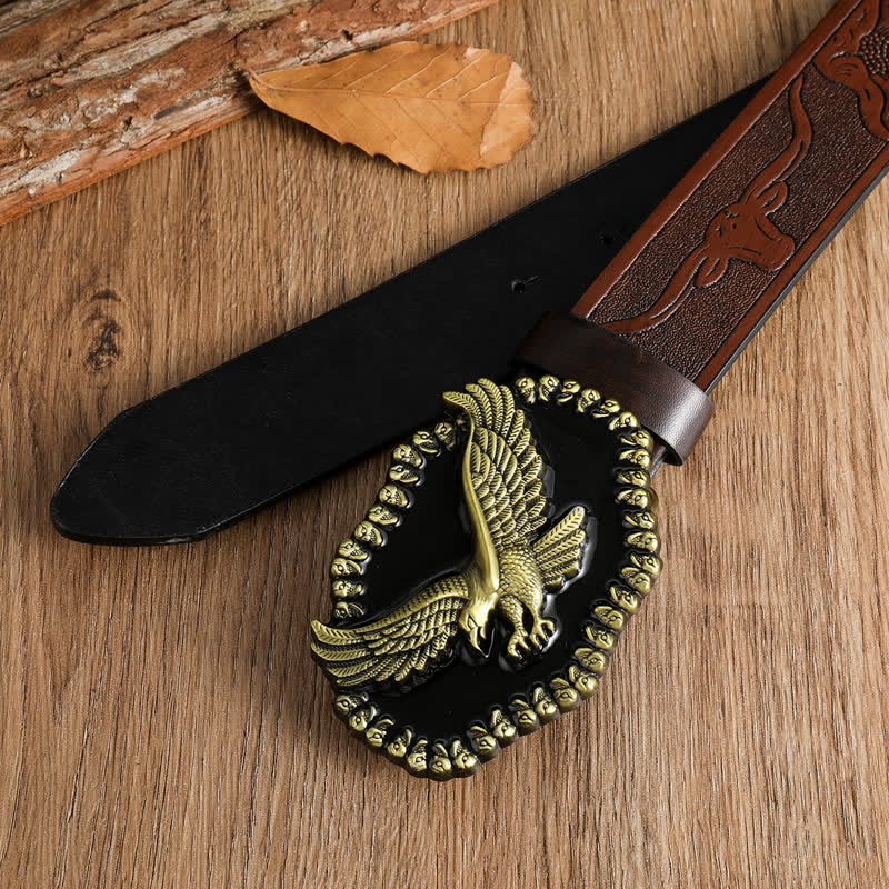 Ceinture en cuir pour homme avec motif d'aigle en or antique et faucon planant