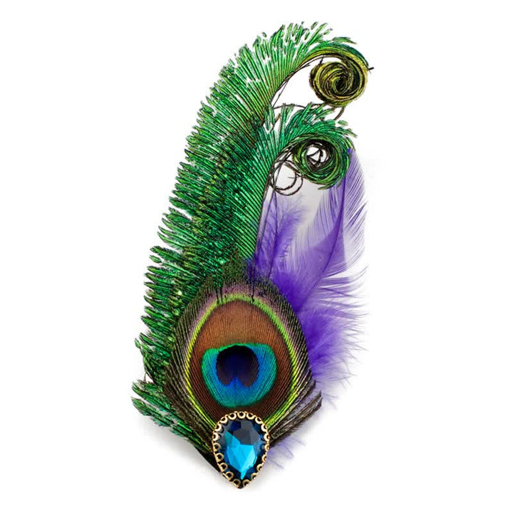 Broche en strass avec plumes d'oeil de paon