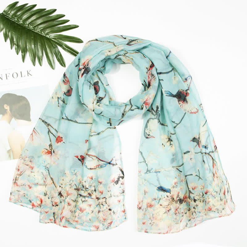 Écharpe légère à imprimé floral et oiseaux pour femme
