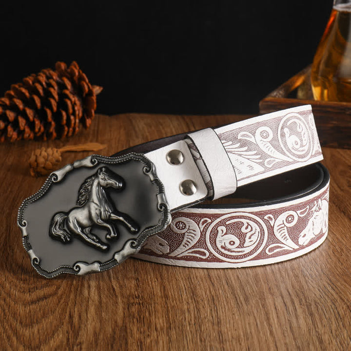 Ceinture en cuir noir argenté pour homme avec cheval au galop