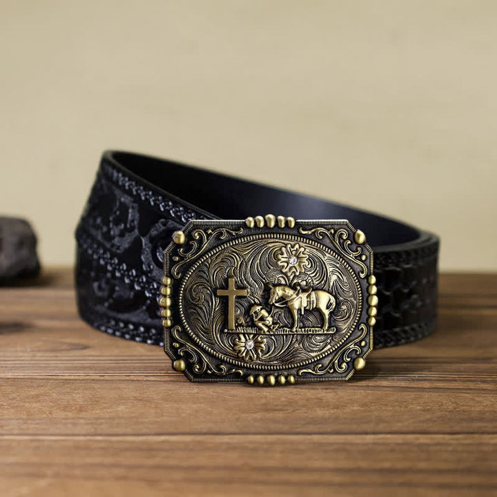Ceinture en cuir à boucle de prière à genoux pour homme avec croix de cheval à faire soi-même
