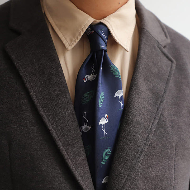 Cravate homme bleu marine style tropical flamant rose