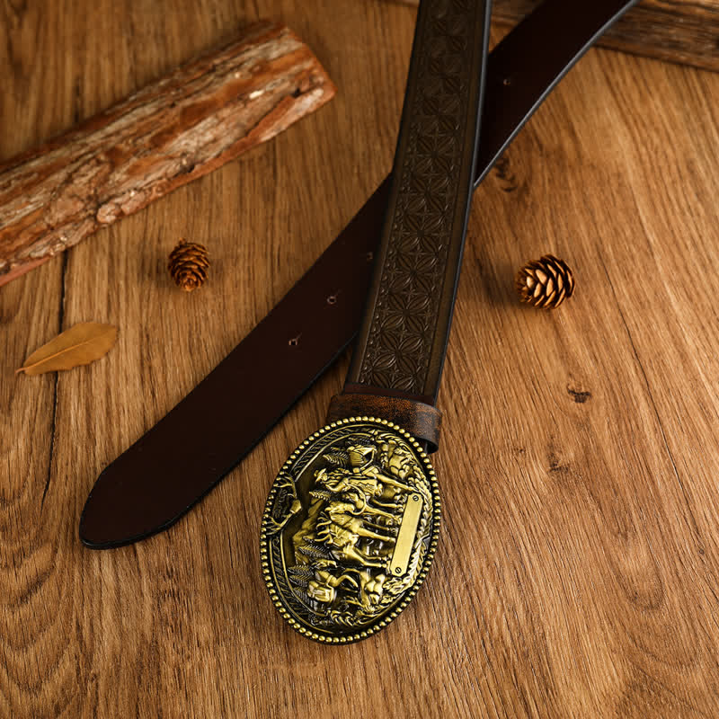 Ceinture en cuir à boucle géométrique pour homme avec cheval au galop