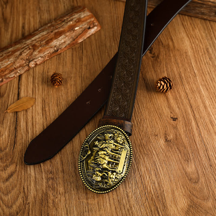 Ceinture en cuir à boucle géométrique pour homme avec cheval au galop