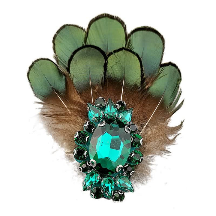 Broche plume en cristal vert foncé pour femme