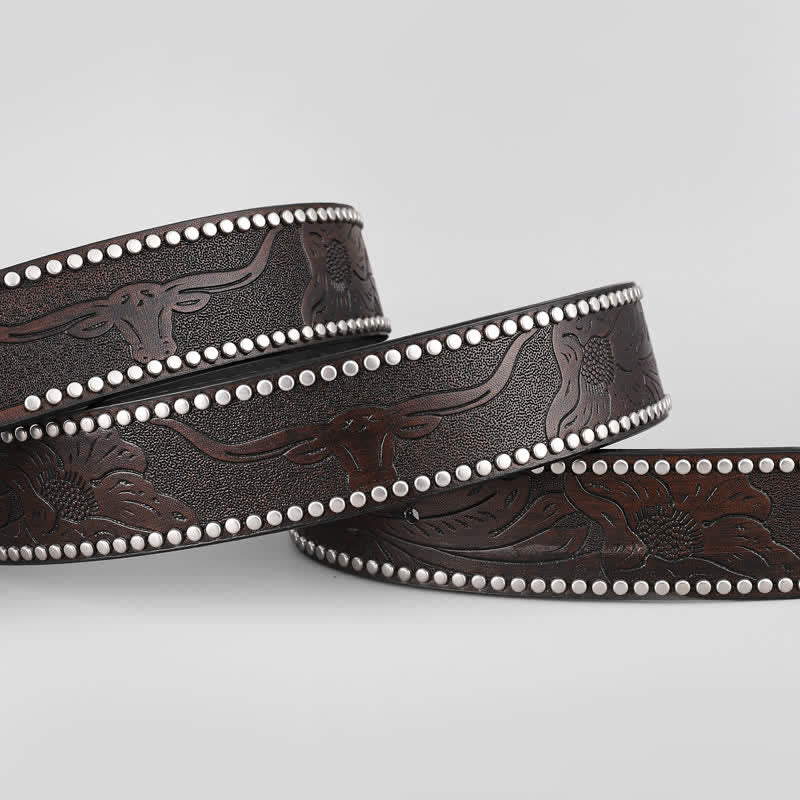 Ceinture en cuir à boucle carrée gravée en argent pour homme