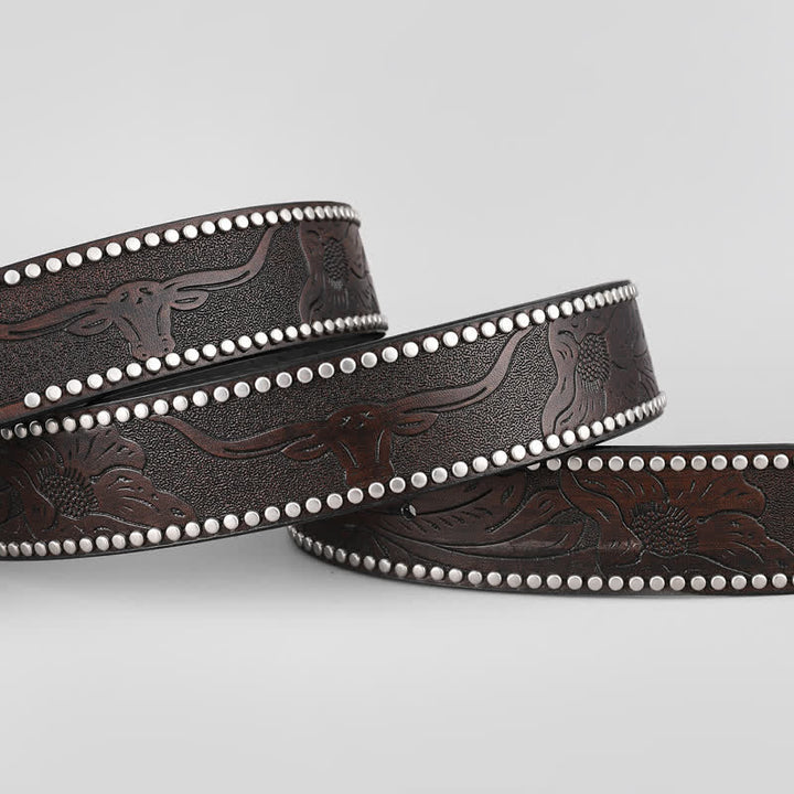 Ceinture en cuir à boucle carrée gravée en argent pour homme