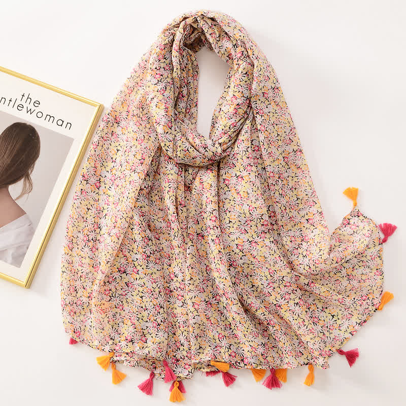Écharpe fine à pompon et motif papillons floraux pour femme