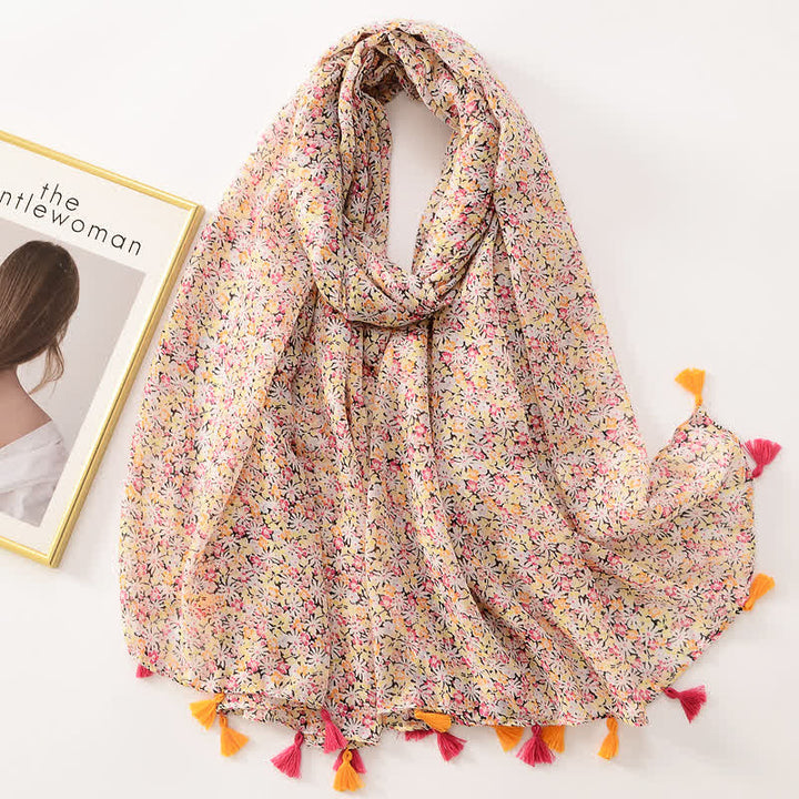 Écharpe fine à pompon et motif papillons floraux pour femme