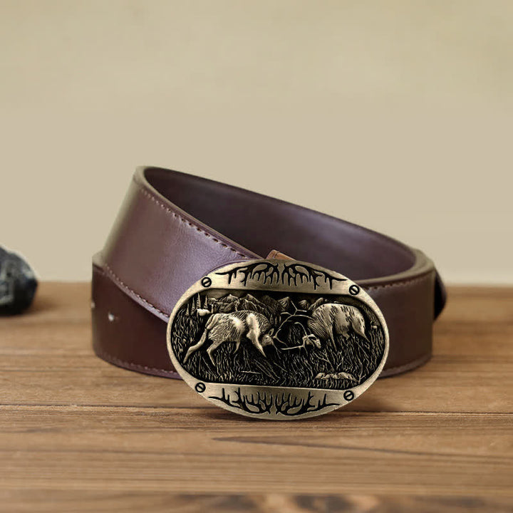 Ceinture en cuir western à boucle de cerf de combat sauvage pour homme