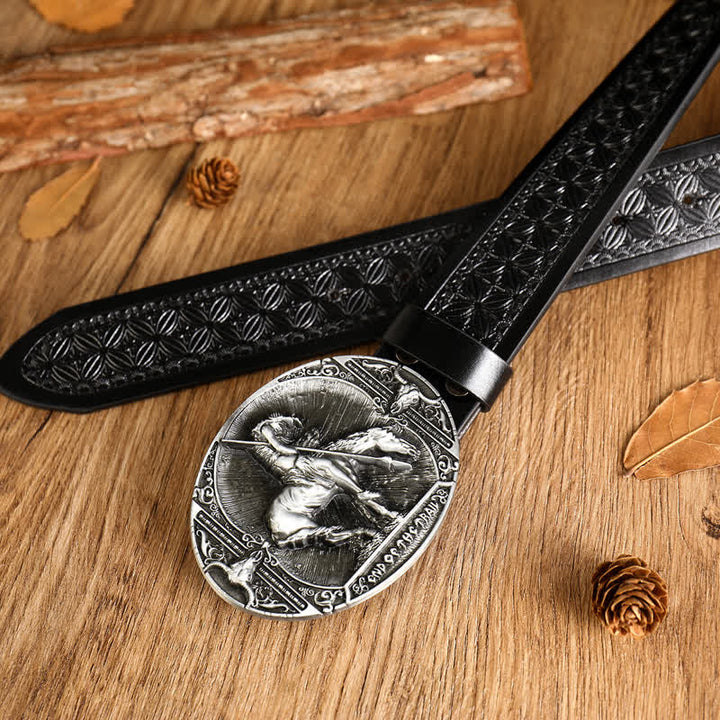 Ceinture en cuir à boucle géométrique pour homme avec cheval au galop