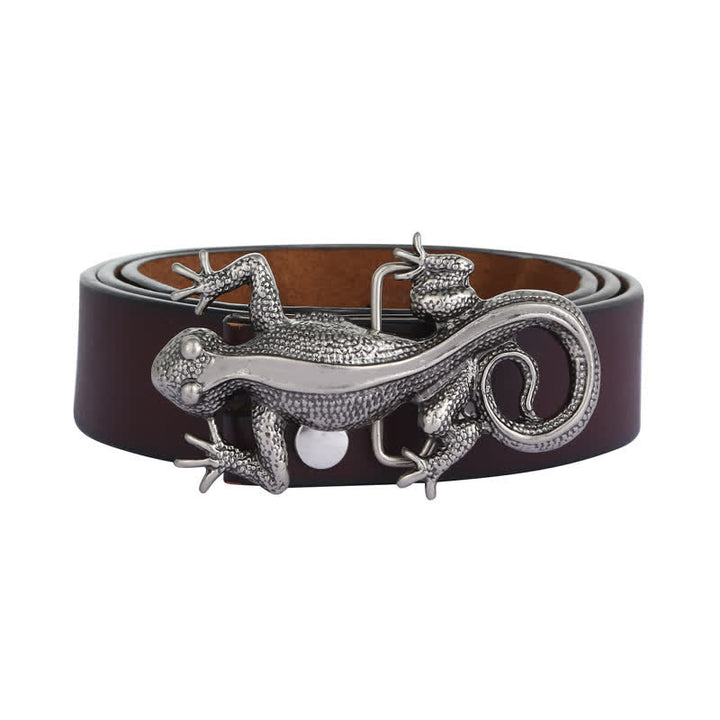 Ceinture en cuir à boucle unique en forme de lézard argenté pour homme