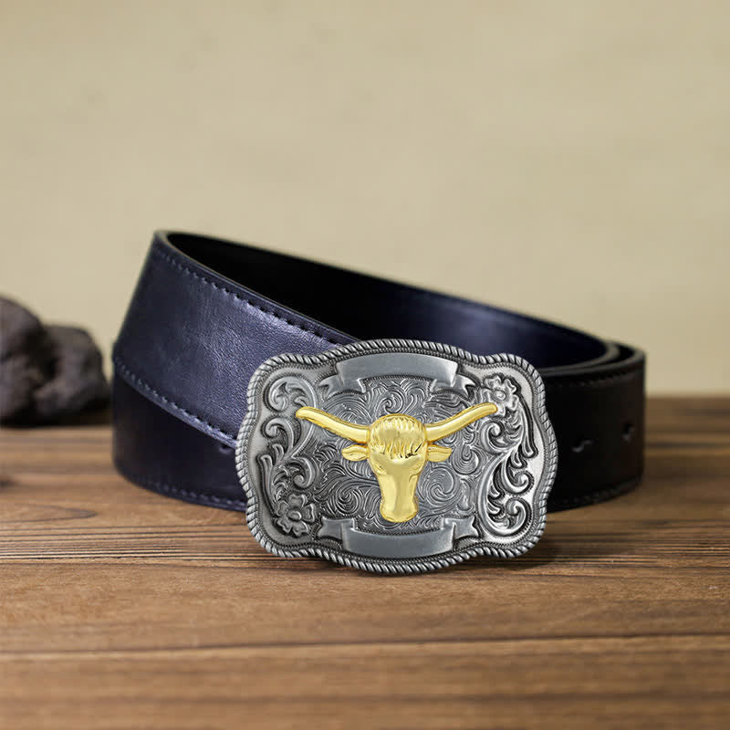 Ceinture en cuir à boucle animalière sculptée en or pour homme - Taureau - Ceinture en PU noir (40) - image 39
