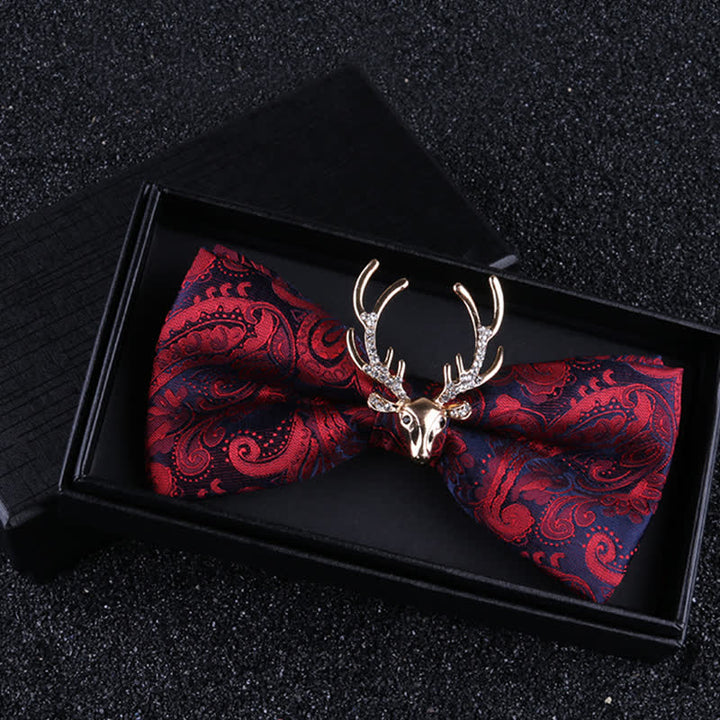 Nœud papillon pour homme avec motif cachemire et tête d'élan de Noël