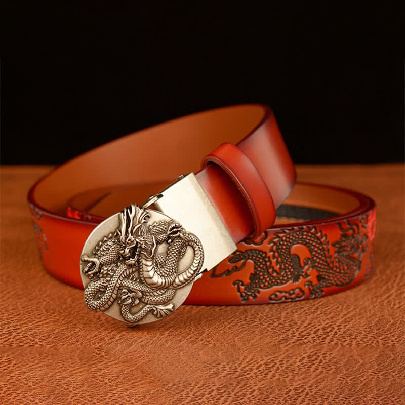 Ceinture en cuir à boucle automatique ronde pour homme avec motif dragon de flamme