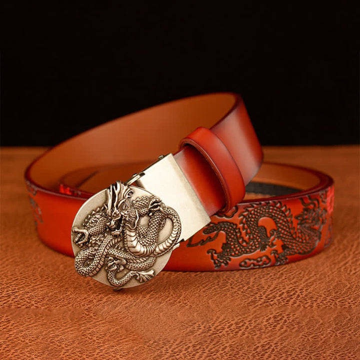Ceinture en cuir à boucle automatique ronde pour homme avec motif dragon de flamme