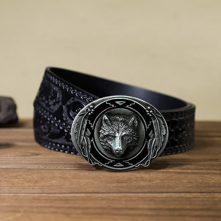 Ceinture en cuir à boucle pour homme avec tête de loup vive