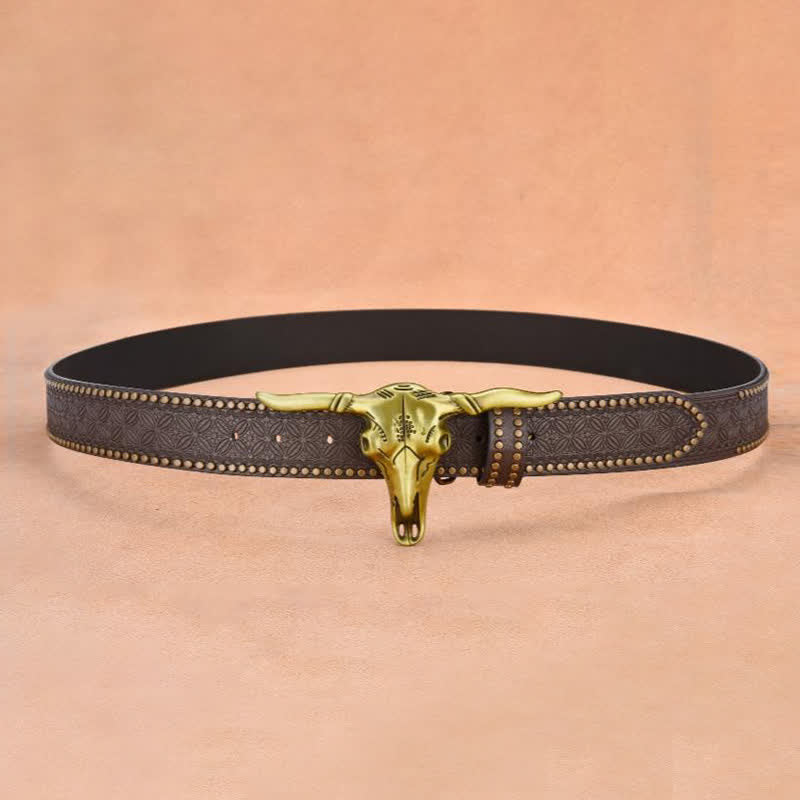 Ceinture en cuir gaufré à rivets tête de bétail western pour homme
