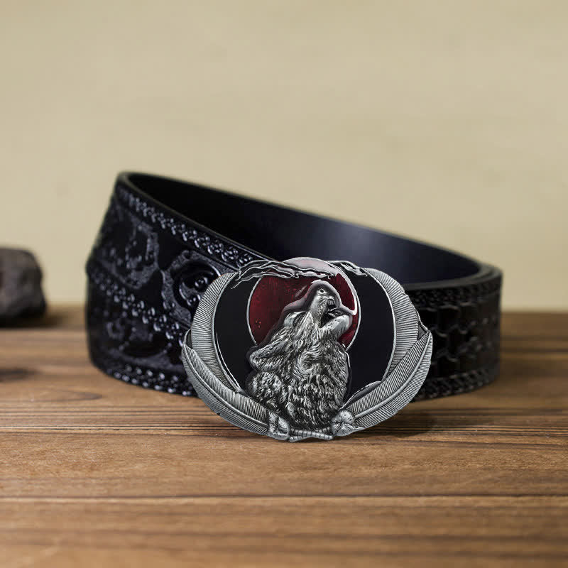 Ceinture en cuir à boucle ovale pour homme avec motif loup hurlant et lune