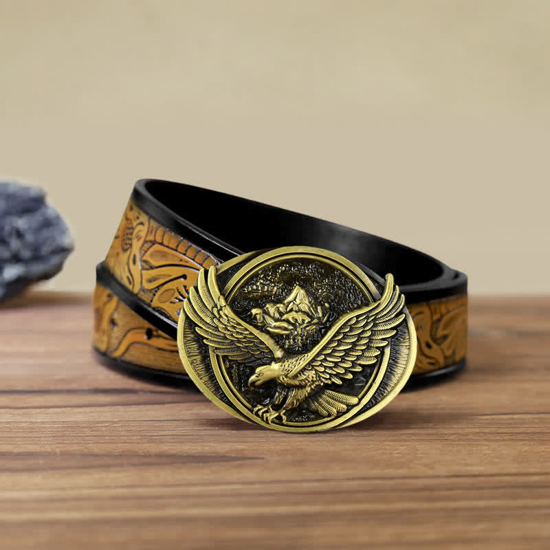 Ceinture en cuir à boucle pour homme avec motif d'aigle volant dominant