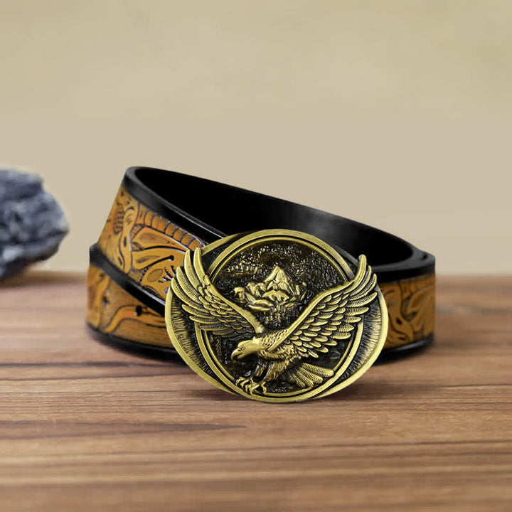Ceinture en cuir à boucle pour homme avec motif d'aigle volant dominant