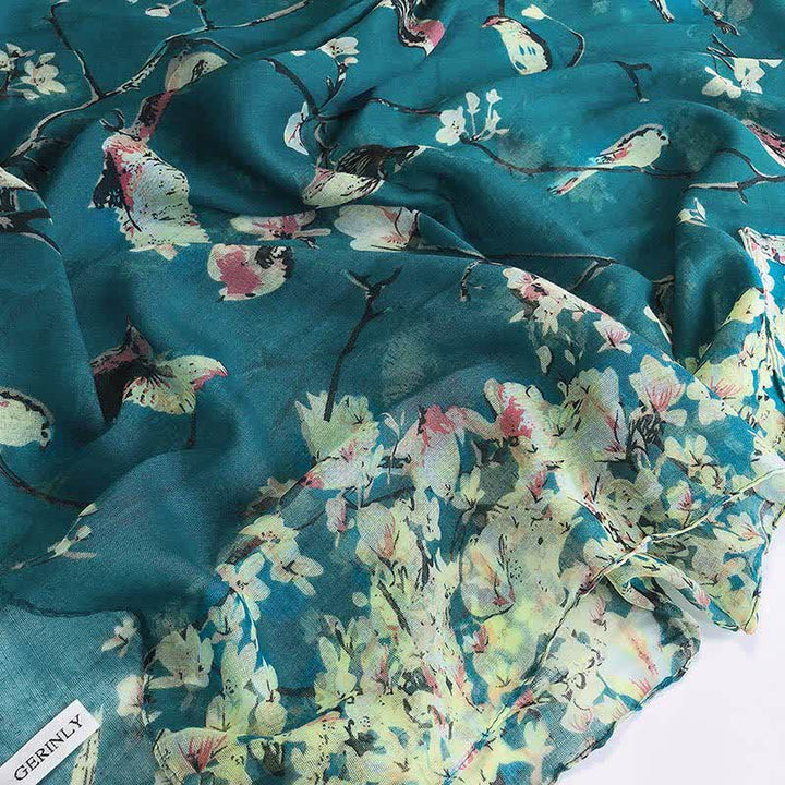 Écharpe légère à imprimé floral et oiseaux pour femme