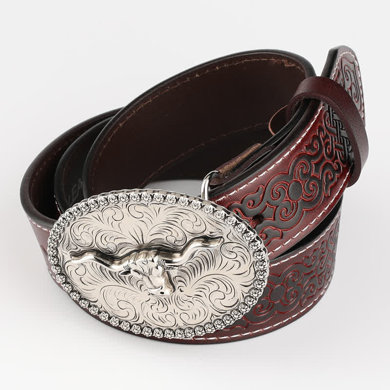 Ceinture en cuir pour homme avec plumes gravées et motif taureau