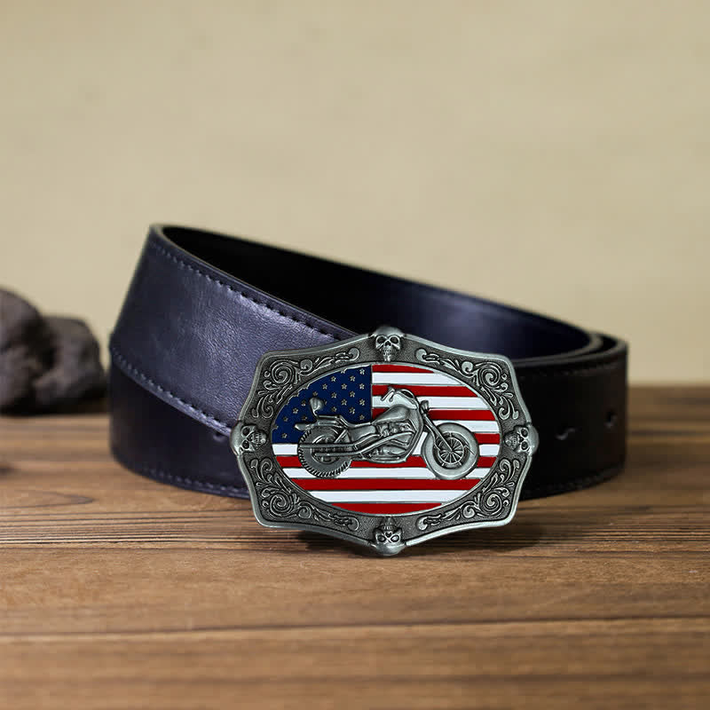 Ceinture en cuir à boucle tête de mort pour homme avec drapeau américain et moto
