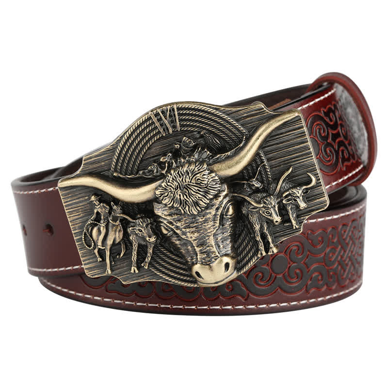 Ceinture en cuir gaufré pour homme avec motif taureau Longhorn - Marron / Bronze - 46 - image 12