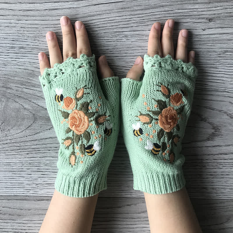 Gants tricotés demi-doigts brodés de fleurs pour femmes