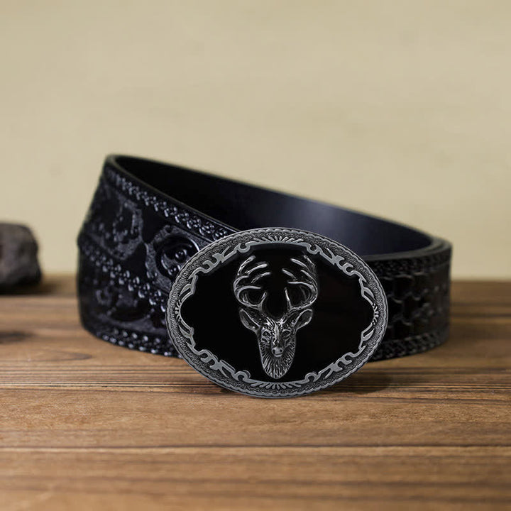 Ceinture en cuir à boucle tête de cerf noire pour homme
