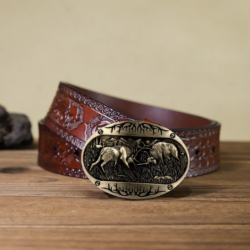 Ceinture en cuir western à boucle de cerf de combat sauvage pour homme