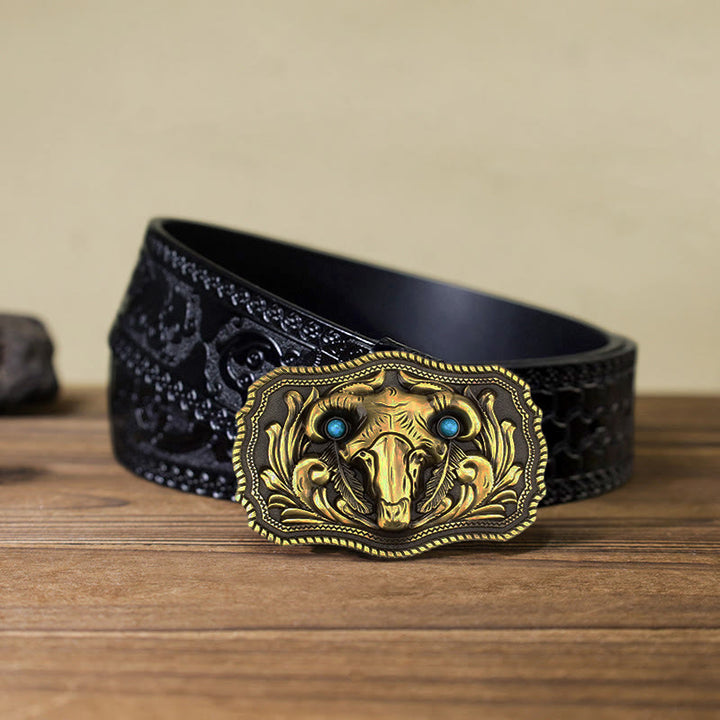 Ceinture en cuir à boucle turquoise pour homme avec tête de mort de chèvre