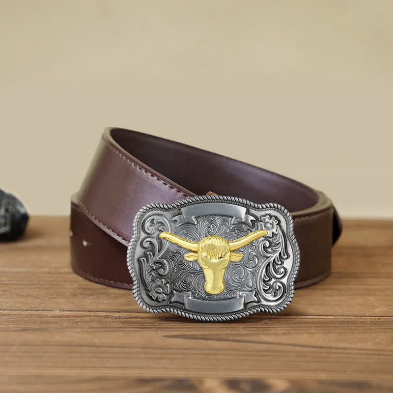Ceinture en cuir à boucle animalière sculptée en or pour homme - Taureau - Ceinture en PU marron (40) - image 41