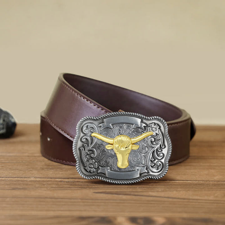 Ceinture en cuir à boucle animalière sculptée en or pour homme - Taureau - Ceinture en PU marron (40) - image 41