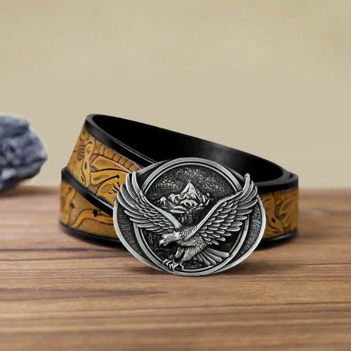 Ceinture en cuir à boucle pour homme avec motif d'aigle volant dominant