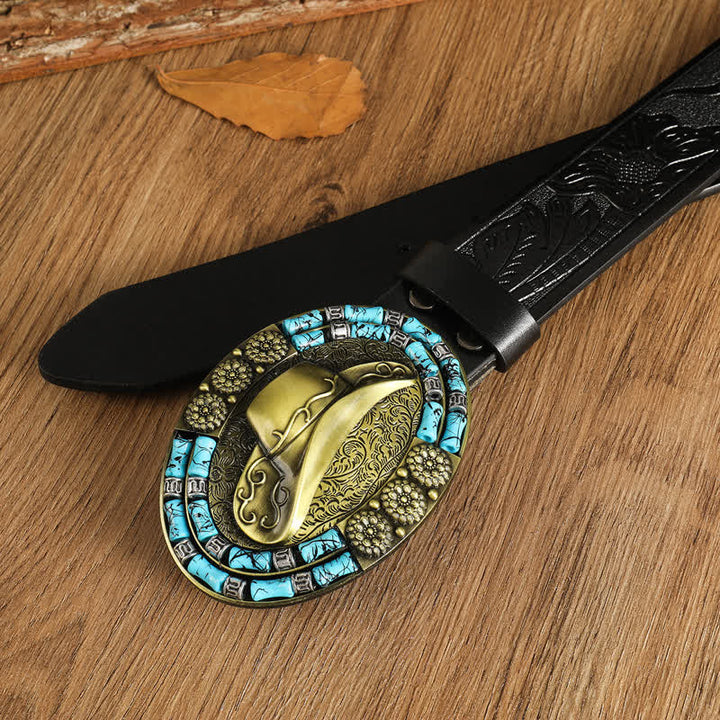 Ceinture en cuir avec chapeau de cowboy doré pour homme et décor turquoise
