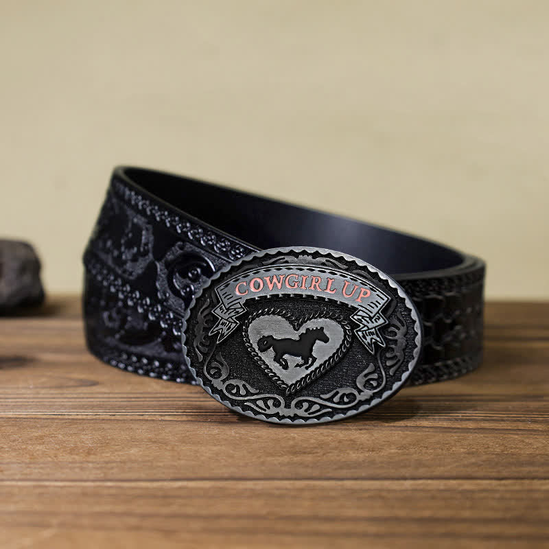 Ceinture en cuir à boucle relevée argentée pour femme avec motif cowgirl