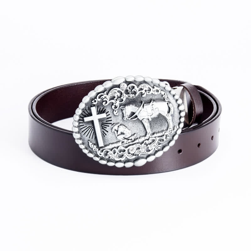 Ceinture en cuir pour homme avec croix de prière à genoux