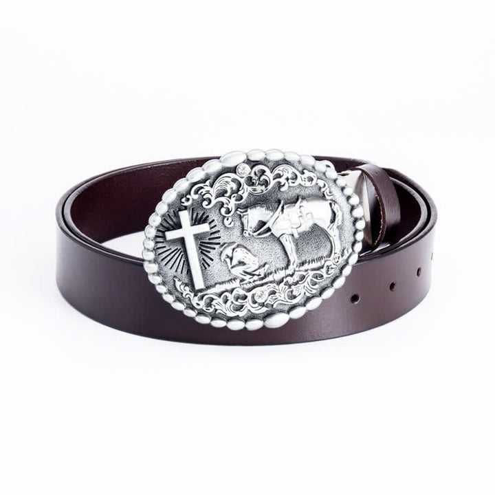 Ceinture en cuir pour homme avec croix de prière à genoux