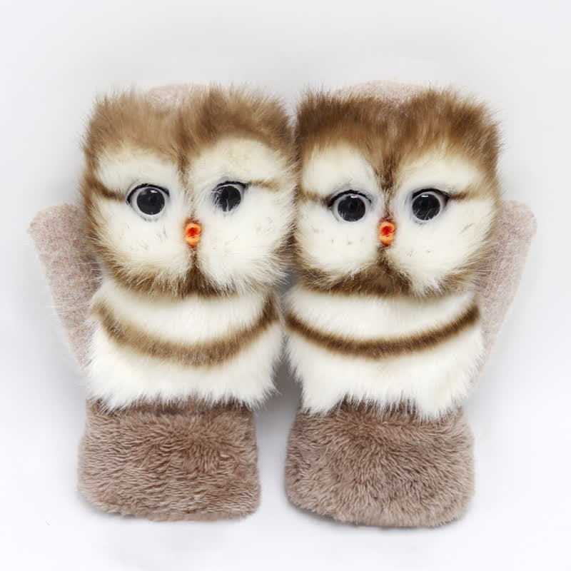 Gants mitaines en fourrure d'animaux mignons pour femmes - Coffee Owl - image 9