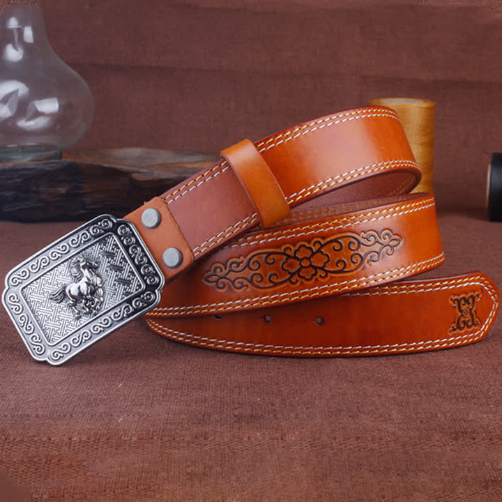 Ceinture en cuir de cheval argenté ethnique pour homme avec motif cowboy