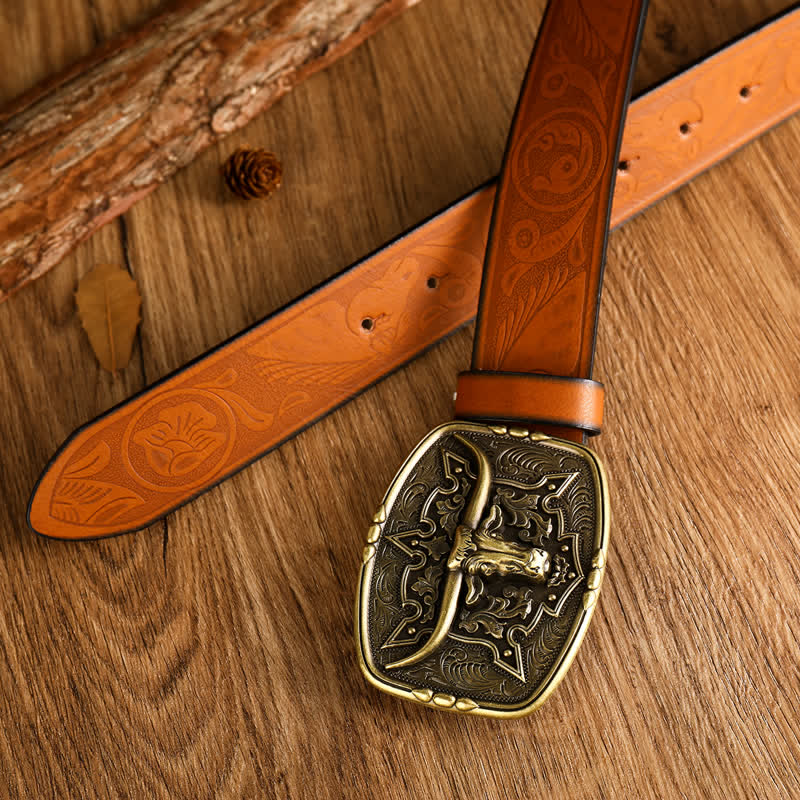 Ceinture en cuir imprimé tête de vache de style western pour homme