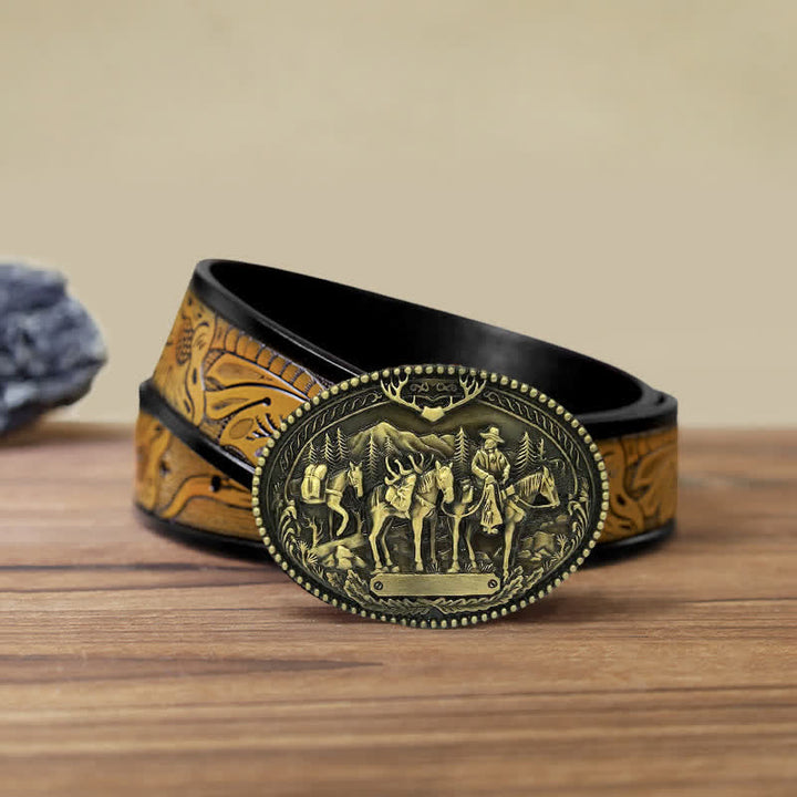 Ceinture en cuir à boucle pour homme avec motif de cheval de cow-boy