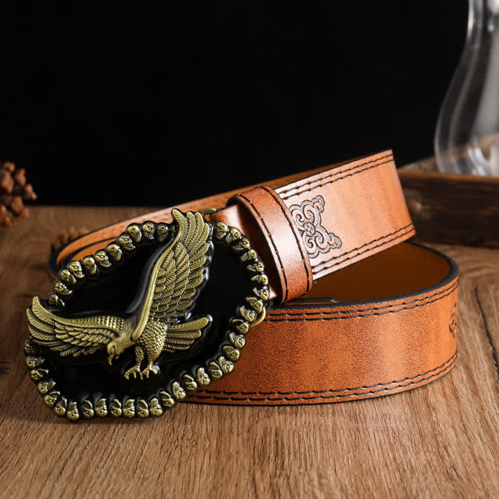 Ceinture en cuir pour homme avec motif d'aigle en or antique et faucon planant