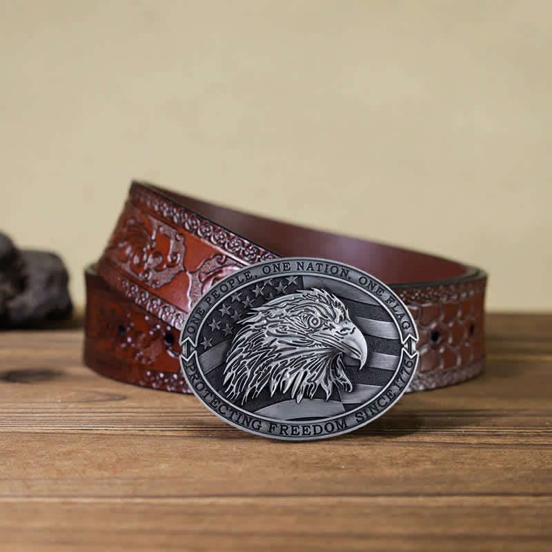 Ceinture en cuir à boucle patriotique pour homme avec drapeau américain et aigle à tête blanche