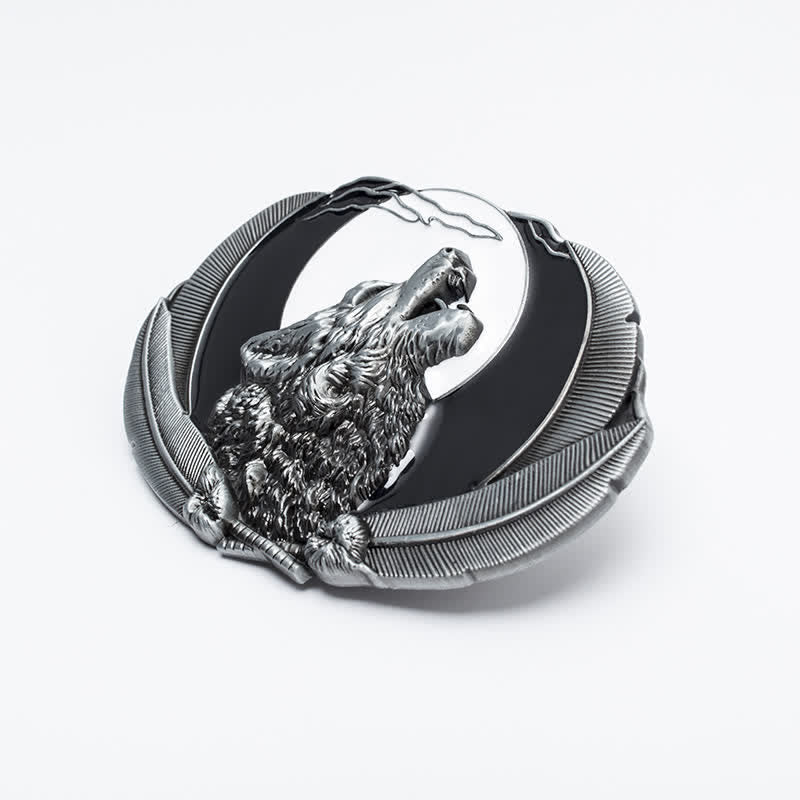Ceinture en cuir à boucle ovale pour homme avec motif loup hurlant et lune