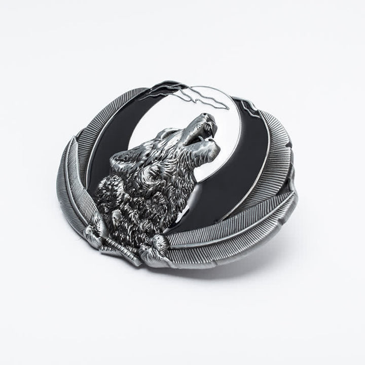 Ceinture en cuir à boucle ovale pour homme avec motif loup hurlant et lune